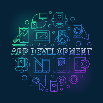 App Development vector round concept colored outline illustration on dark background