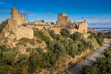Obraz premium Aerial view of Palafolls castle medieval ruined stronghold between Girona and Barcelona on the Costa Brava an example how graffiti can ruin a cultural heritage site