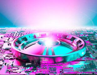 Raggio laser e parabola, sci-fi, fantascienza e tecnologia, colpire. Raggio di luce, incanalare energia, creazione energetica. Meccanismo di incanalamento raggio fotonico © Naeblys