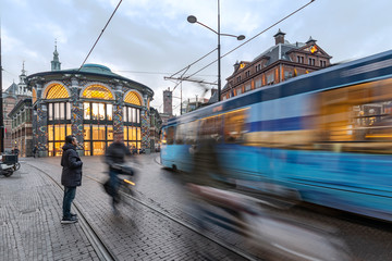Frast tram and cyclist in The Hague, Netherlands