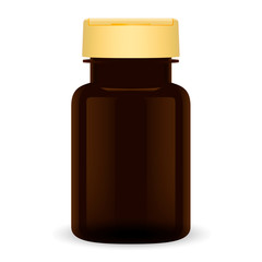 Brown Plastic Pill Bottle. 3d Medical Package for Drug, Capsule. Pharmaceutical Packaging Mockup with Yellow Cap Template for Tablet. Sport Energy Supplement Vector Container for Bcaa, Minerals.
