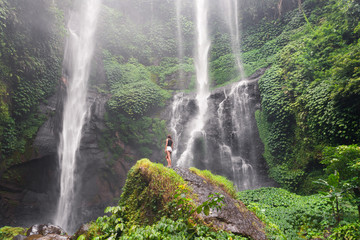 slender girl standing in front of a waterfall on a rock