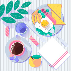 Breakfast lunch dinner fried egg sausage with potato and toasts, candies and coffee tea vector illustration, clip art