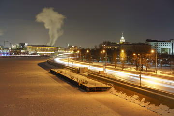 Fototapeta na wymiar Moscow at the snowy winter night. Long exposure image.