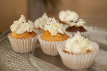 Bakery. Stock of Muffins covered with cream.