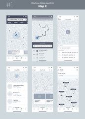 Wireframe kit for mobile phone. Mobile App UI, UX design. New map position: popular places, close to me cafes and restaurants, address, way, search, filter, route, list and pick location screens.