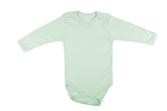 Long sleeve green baby onesie isolated on white background.