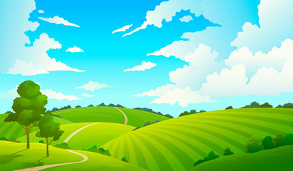 Summer field landscape. Nature hills fields blue sky clouds sun countryside. Cartoon green tree and grass rural land.