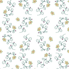 Plants, berries and buds - hand drawing vector. Handmade seamless pattern. Green plants with yellow flowers and red berries. For textiles, clothes, dishes, packaging.