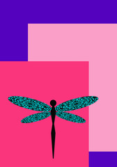 Black dragonfly on pink violet background copy space 3D illustration