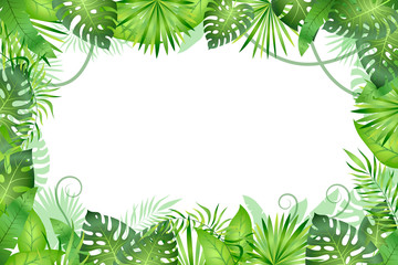 Jungle background. Tropical leaves frame. Rainforest foliage plants, green grass trees. Paradise african wildlife jungle - obrazy, fototapety, plakaty