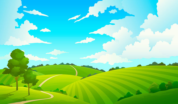 Summer Field Landscape. Nature Hills Fields Blue Sky Clouds Sun Countryside. Cartoon Green Tree And Grass Rural Land.