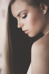 Fototapeta premium Beautiful woman face close up studio on white