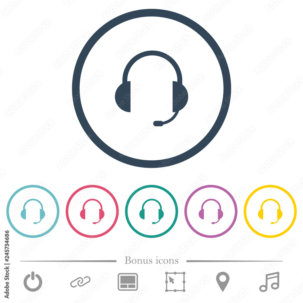 Poster headset with microphone flat color icons in round outlines