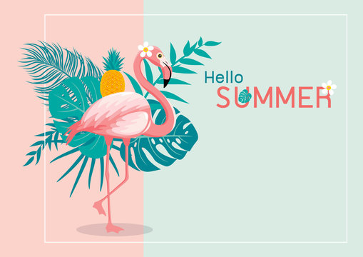 Summer banner design of flamingo and tropical leaves with copy space vector illustration