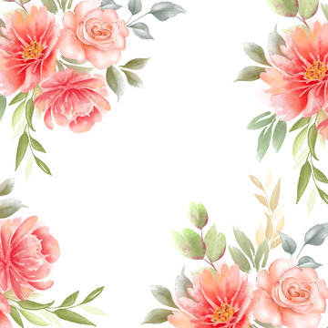 frame from pictures of flowers with leaves on a white background. business card with roses and peonies