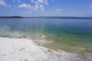 View of a geyser in the Yellowstone Lake in the West Thumb Geyser Basin in Yellowstone National Park, United States