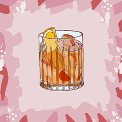 Old fashioned cocktail illustration. Alcoholic bar drink hand drawn vector. Pop art