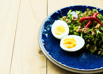Delicious Wing Bean Shrimp Salad with pork and eggs for Thai food style