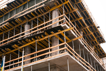 Monolithic frame construction of the building. Solid walls of concrete. The framework for the walls. Formwork for walls made of concrete