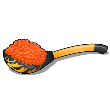 Wooden spoon with Khokhloma painting with red caviar isolated on white background. Vector cartoon close-up illustration.