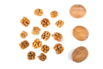 Walnuts and kernels isolated on white background