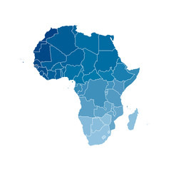 Fototapeta premium Vector isolated illustration with African continent with borders of all states. Political map. White background and outline. Blue gradient. Note: Morocco and Western Sahara shown separately