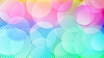 Abstract background of translucent circles and halftone dots in various colors