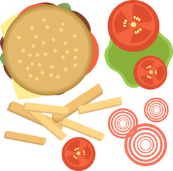Set of ingredients for burger and sandwich . Sliced veggies, bun, cutlet, sauce. Vector illustration cartoon collection isolated on white.