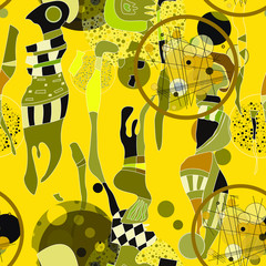 Seamless pattern with colorful pop art objects, abstract forms, woman,  dots, can be used as cool print for clothes. Vector illustration of a style of supermatism. Creative retro poster   © Alesia