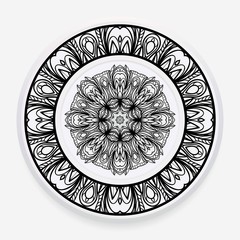 Empty dish, porcelain plate. Vector illustration. Decorative plates with Mandala ornament.