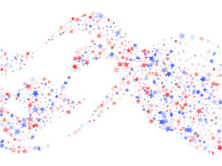 Flying red blue white star sparkles on white vector american patriotic background.