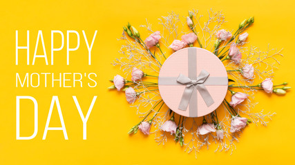 Happy Mother's Day Background. Bright Yellow and Pastel Pink Colored Mother Day Background. Flat...