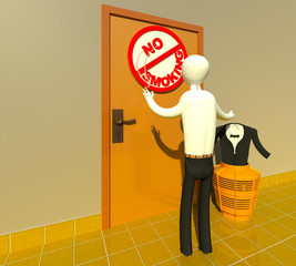 No smoking sign 3D illustration 3. A character throwing out his smoking-jacket in the waste basket. Cartoon, collection. - obrazy, fototapety, plakaty