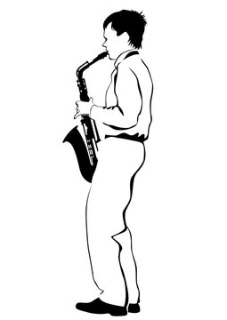 Music man whit jazz band on white background