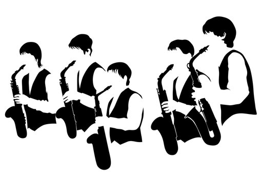 Music man whit jazz band on white background
