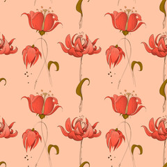 Floral seamless pattern in pink coral retro style