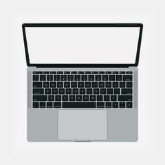 Top view of modern laptop with Eng keyboard isolated on white background.