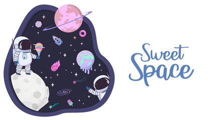 Sweet space cartoon poster with fantasy chocolate cookie, candy, donut, caramel sweets planets and astronaut. Birthday party invitation, Fantasy galaxy game concept. Editable vector illustration © miobuono