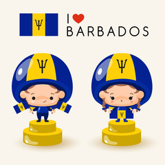 Boy and girl wearing national hat and holding national flags : Barbados : Vector Illustration