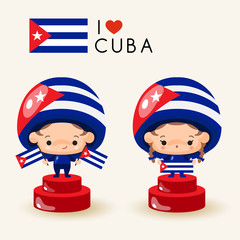 Boy and girl wearing national hat and holding national flags : Cuba : Vector Illustration