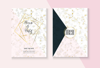 Fashion Marble Wedding Invitation Vector Set. RSVP, Thank You Card, Trendy Covers or Poster. Marbling Texture, Pink, Grey, White Invitation Card. Noble Soft Faded Nice Elegant Marble Wedding Kit