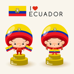 Boy and girl wearing national hat and holding national flags : Ecuador : Vector Illustration