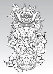 Cat Samurai on colud and Sakura blossom., Japanese Tattoo style.