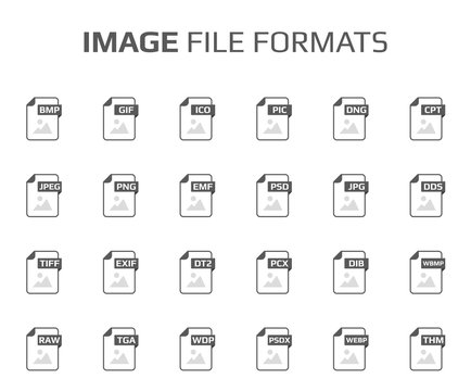 Flat style icon set. Bitmap image file type, extencion. Document format. Pictogram. Web and multimedia. Computer technology.