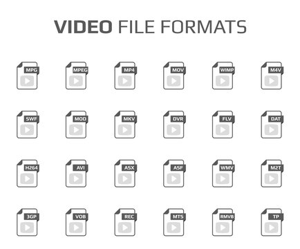 Flat style icon set. Video, movie, film file type, extencion. Document format. Pictogram. Web and multimedia. Computer technology.