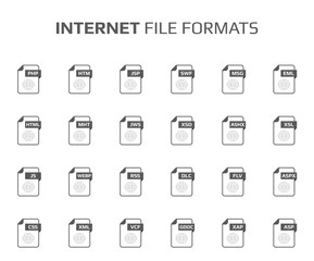 Flat style icon set. Internet, web file type, extencion. Document format. Pictogram. Web and multimedia. Computer technology.