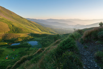 Landscape with mountain lakes in the Ukrainian Carpathians during the summer season.