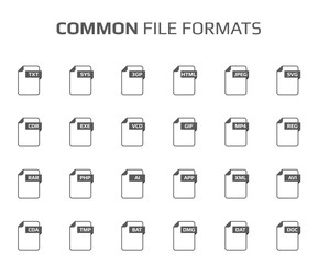 Flat style icon set. System,common file type, extencion. Document format. Pictogram. Web and multimedia. Computer technology.