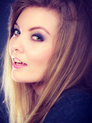 Smiling joyful lady in trendy fashion look.